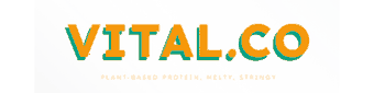 Vital Co. logo - plant-based protein, melty, stringy vegan cheese